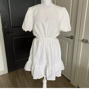 Wayf White A-line Mini Dress with Puffed Sleeves and Ruffle Hem Size M
